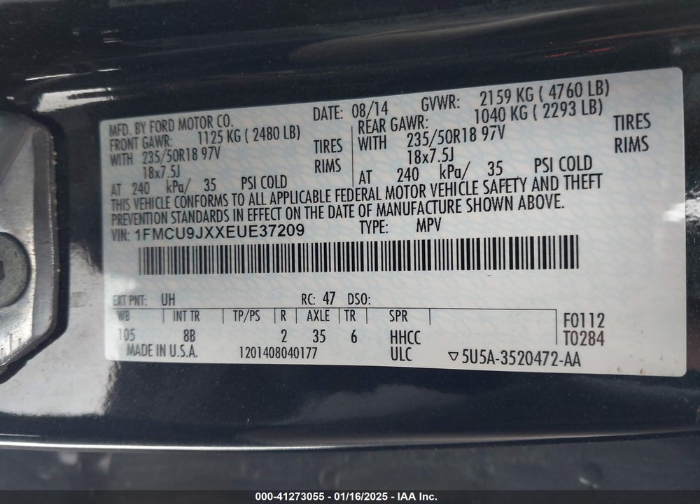 2014 FORD ESCAPE TITANIUM VIN: 1FMCU9JXXEUE37209