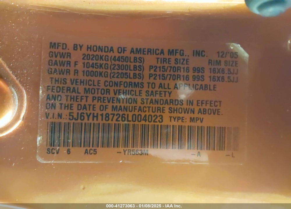 2006 HONDA ELEMENT EX-P VIN: 5J6YH18726L004023