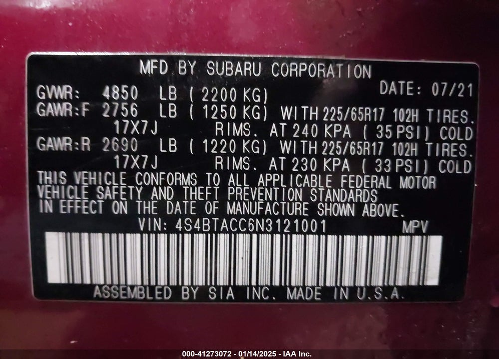 2022 SUBARU OUTBACK PREMIUM VIN: 4S4BTACC6N3121001