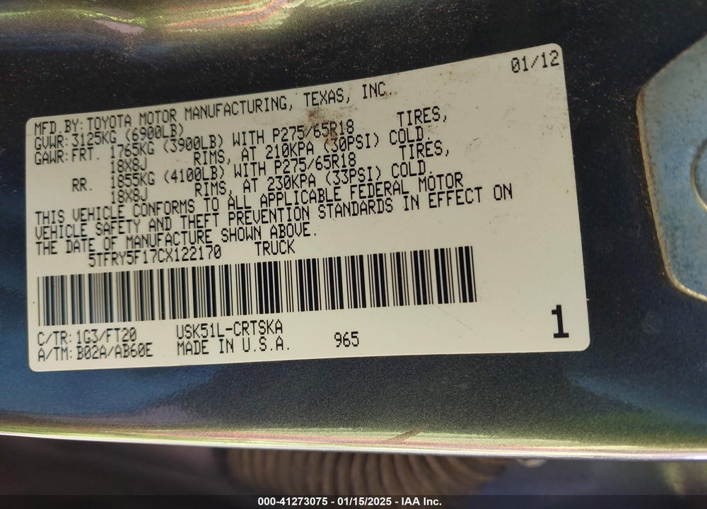 2012 TOYOTA TUNDRA GRADE 5.7L V8 VIN: 5TFRY5F17CX122170