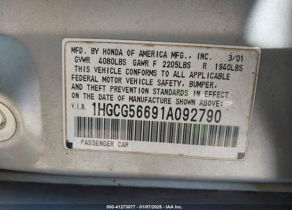 2001 HONDA ACCORD 2.3 EX VIN: 1HGCG56691A092790