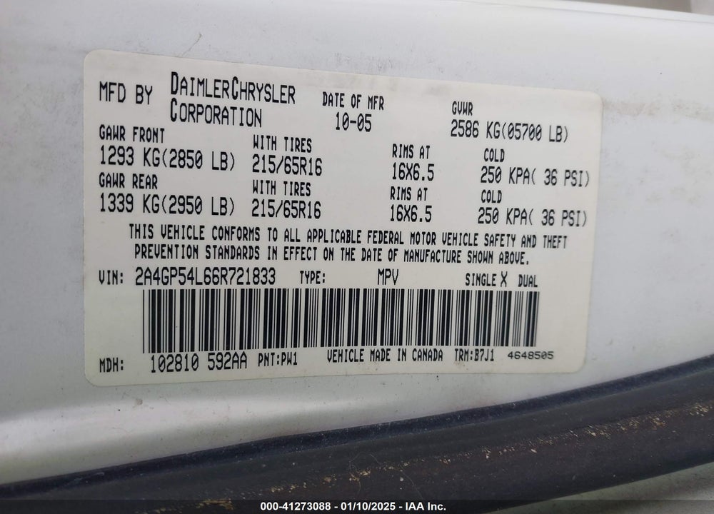 2006 CHRYSLER TOWN & COUNTRY TOURING VIN: 2A4GP54L66R721833
