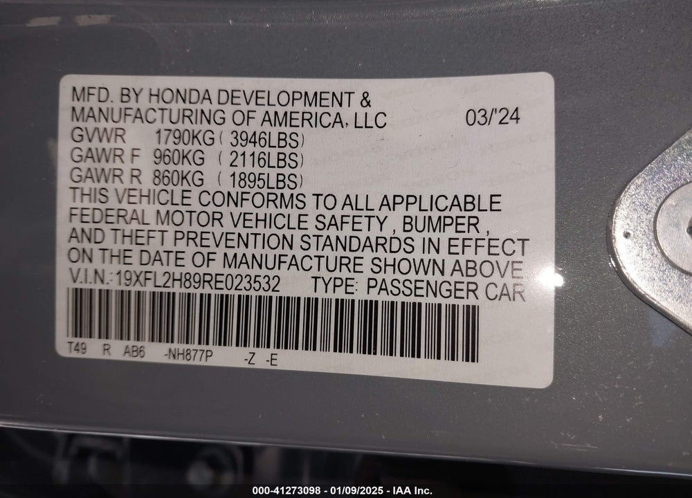 2024 HONDA CIVIC VIN: 19XFL2H89RE023532
