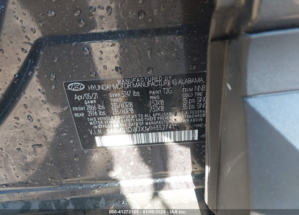 2021 HYUNDAI SANTA FE SE VIN: 5NMS1DAJXMH352741