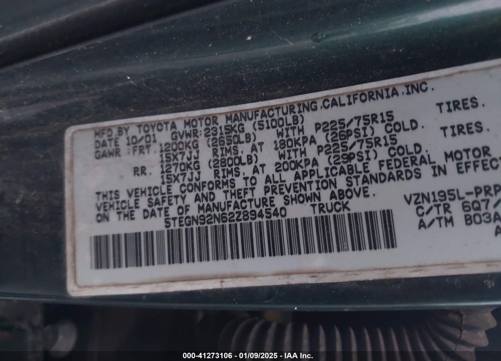 2002 TOYOTA TACOMA VIN: 5TEGN92N62Z894540