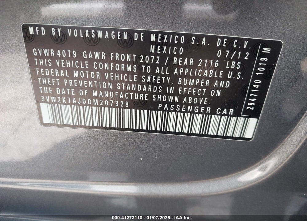 2013 VOLKSWAGEN JETTA VIN: 3VW2K7AJ0DM207328
