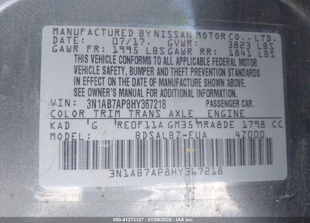 2017 NISSAN SENTRA VIN: 3N1AB7AP8HY367218