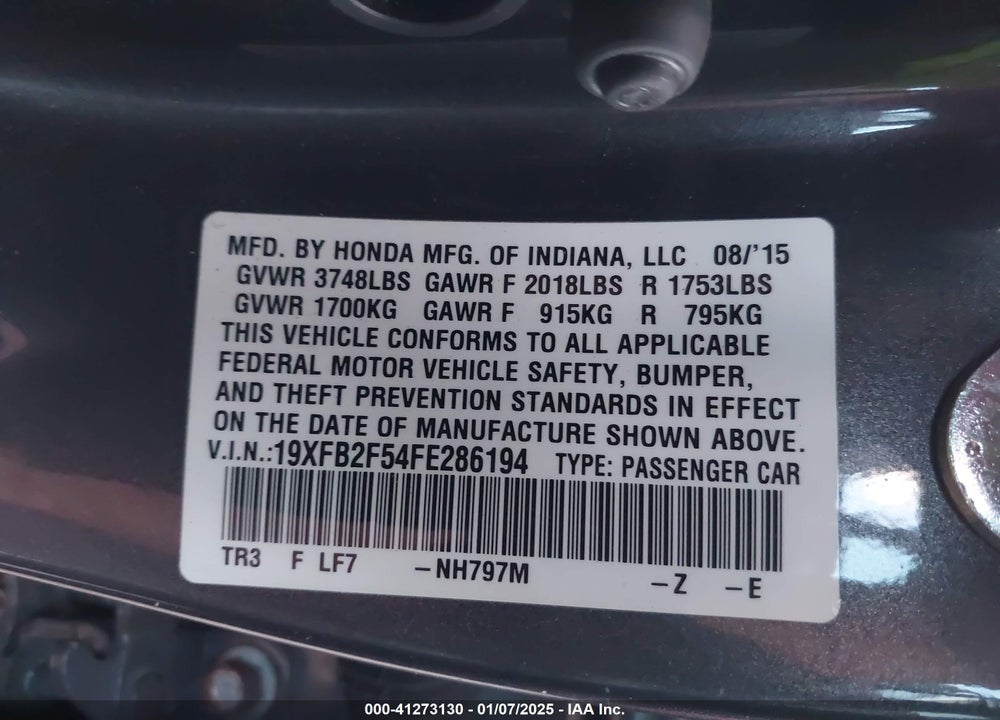 2015 HONDA CIVIC VIN: 19XFB2F54FE286194