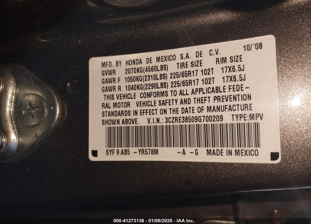 2009 HONDA CR-V EX VIN: 3CZRE38509G700209