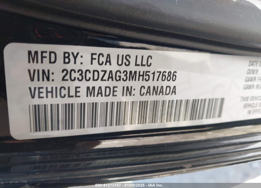 2021 DODGE CHALLENGER VIN: 2C3CDZAG3MH517686