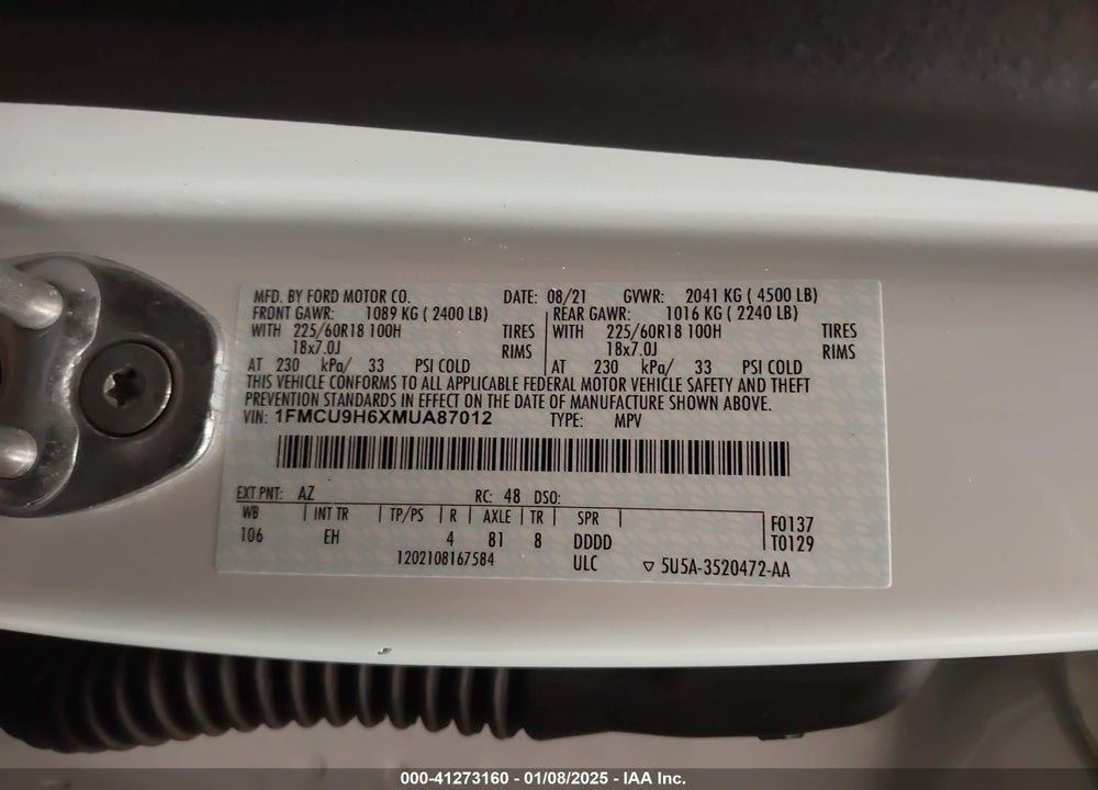2021 FORD ESCAPE SEL VIN: 1FMCU9H6XMUA87012
