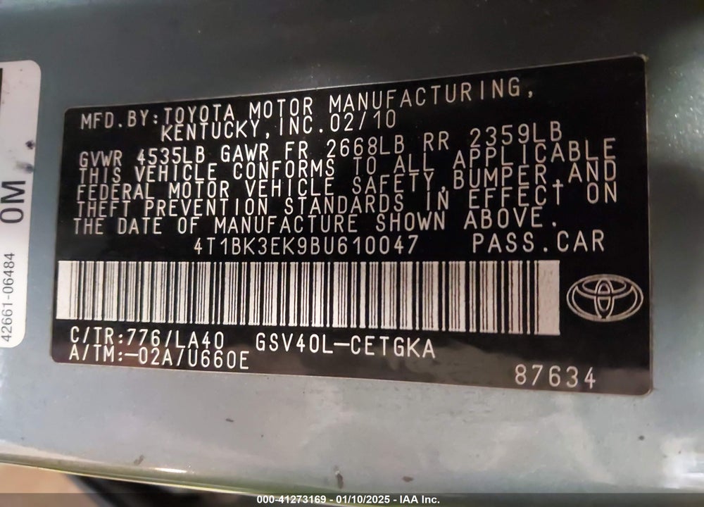 2011 TOYOTA CAMRY VIN: 4T1BK3EK9BU610047