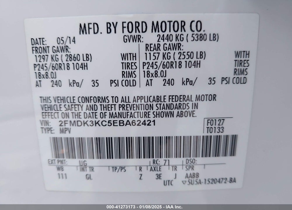 2014 FORD EDGE LIMITED VIN: 2FMDK3KC5EBA62421
