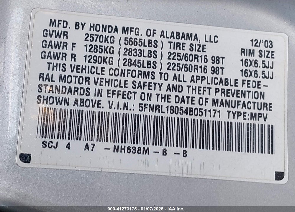 2004 HONDA ODYSSEY EX-L VIN: 5FNRL18054B051171
