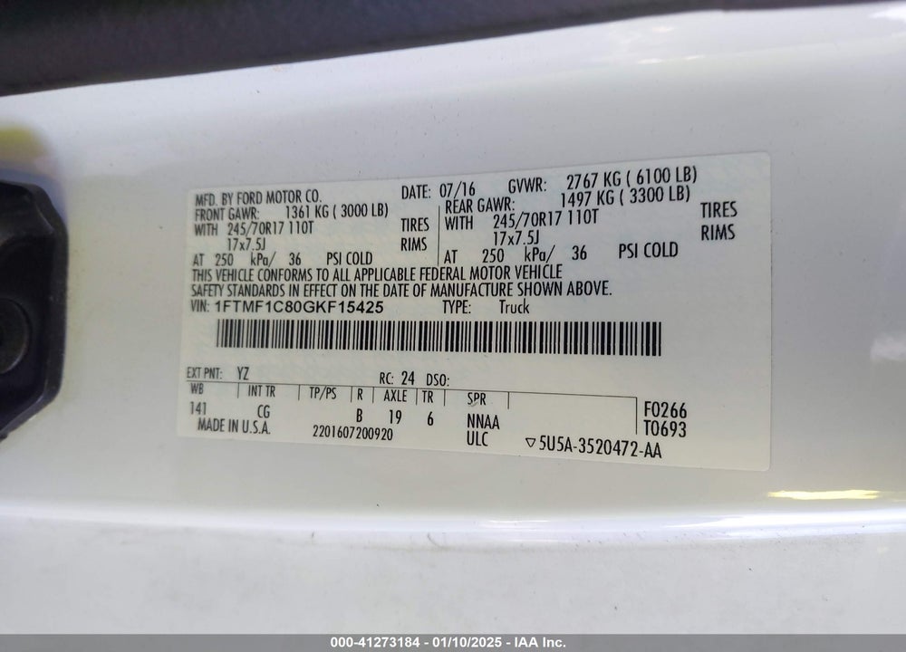 2016 FORD F-150 XL VIN: 1FTMF1C80GKF15425
