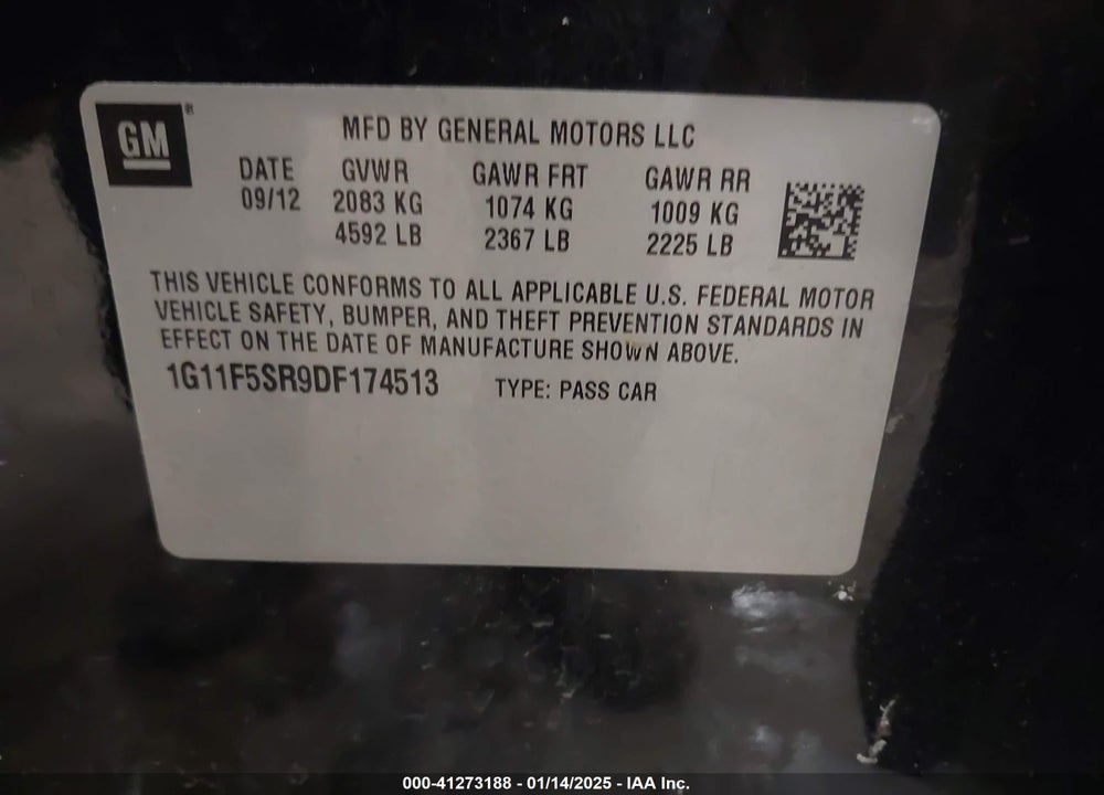 2013 CHEVROLET MALIBU VIN: 1G11F5SR9DF174513