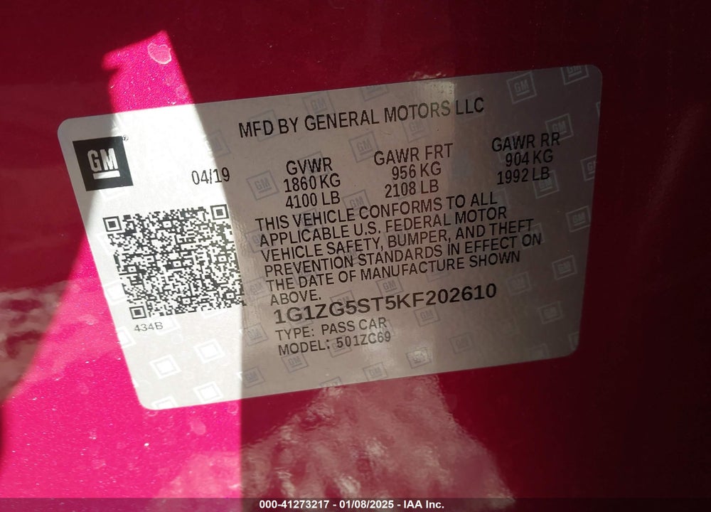 2019 CHEVROLET MALIBU RS VIN: 1G1ZG5ST5KF202610