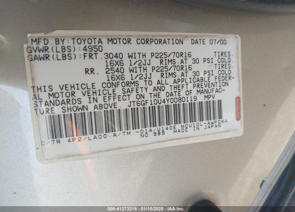 2000 LEXUS RX 300 VIN: JT6GF10U4Y0080119