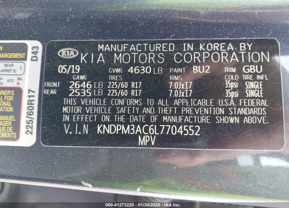 2020 KIA SPORTAGE VIN: KNDPM3AC6L7704552