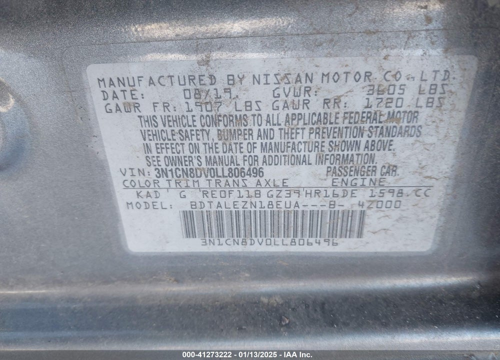 2020 NISSAN VERSA VIN: 3N1CN8DV0LL806496