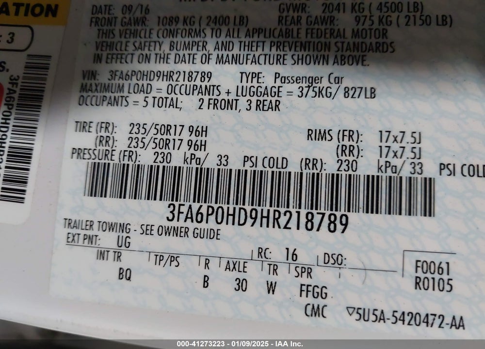 2017 FORD FUSION VIN: 3FA6P0HD9HR218789