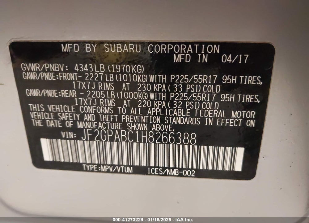2017 SUBARU CROSSTREK VIN: JF2GPABC1H8266388