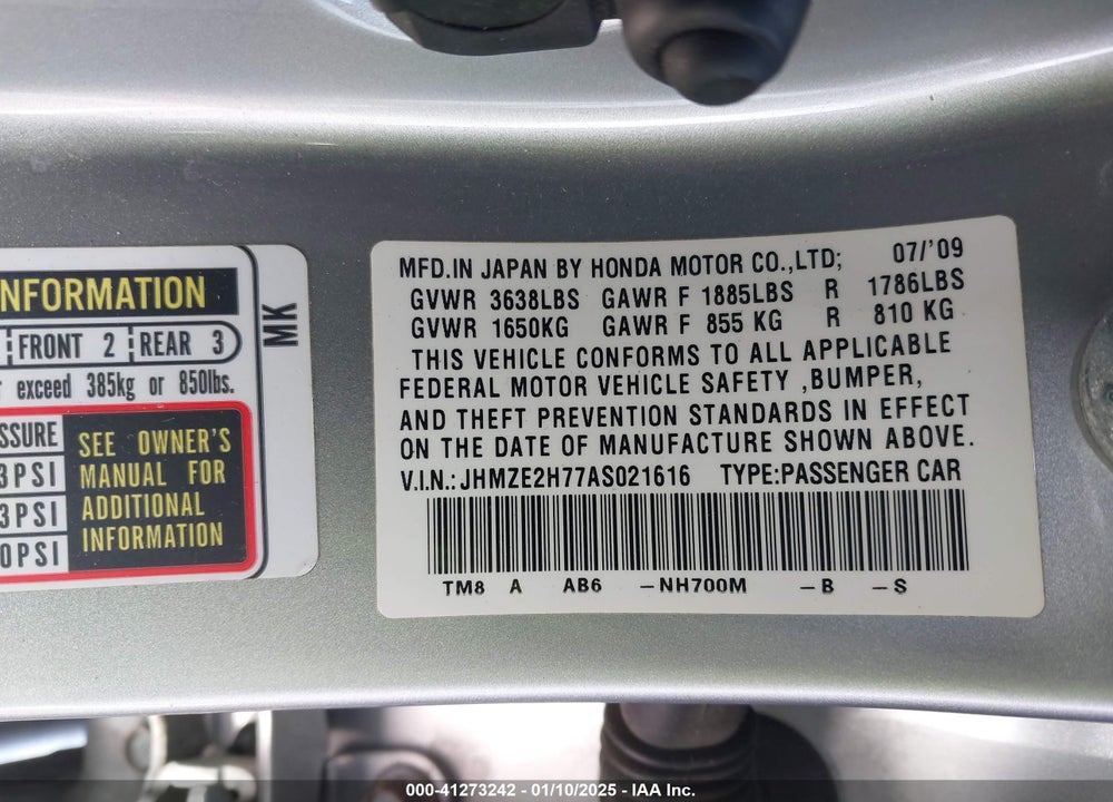 2010 HONDA INSIGHT EX VIN: JHMZE2H77AS021616