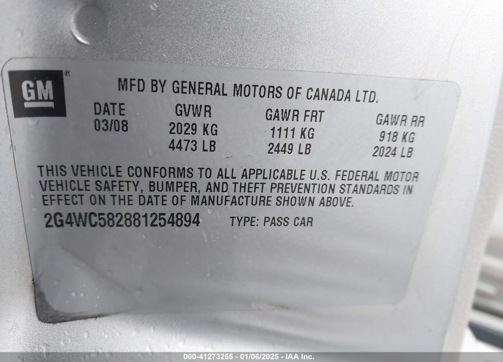 2008 BUICK LACROSSE CX VIN: 2G4WC582881254894
