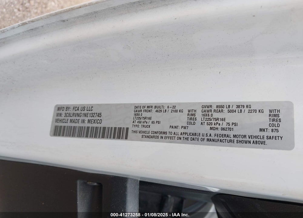 2022 RAM PROMASTER 1500 LOW ROOF 118 WB VIN: 3C6LRVNG1NE132745