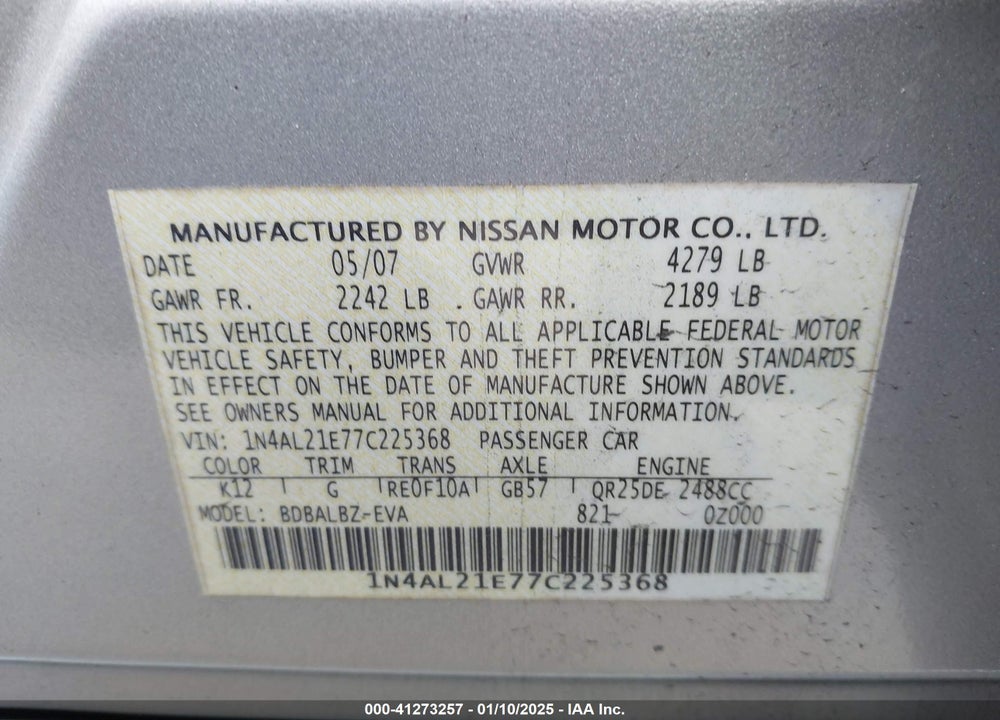 2007 NISSAN ALTIMA 2.5 S VIN: 1N4AL21E77C225368