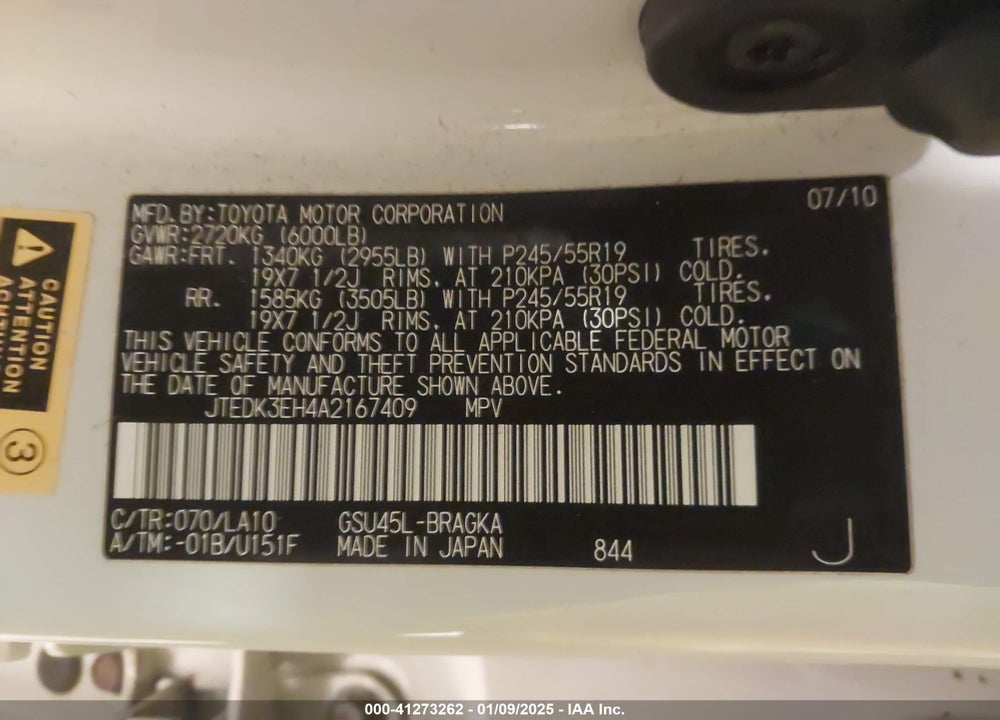 2010 TOYOTA HIGHLANDER LIMITED VIN: JTEDK3EH4A2167409