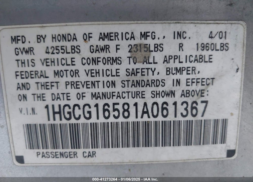 2001 HONDA ACCORD 3.0 EX VIN: 1HGCG16581A061367