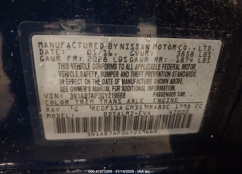 2016 NISSAN SENTRA VIN: 3N1AB7AP3GY219668
