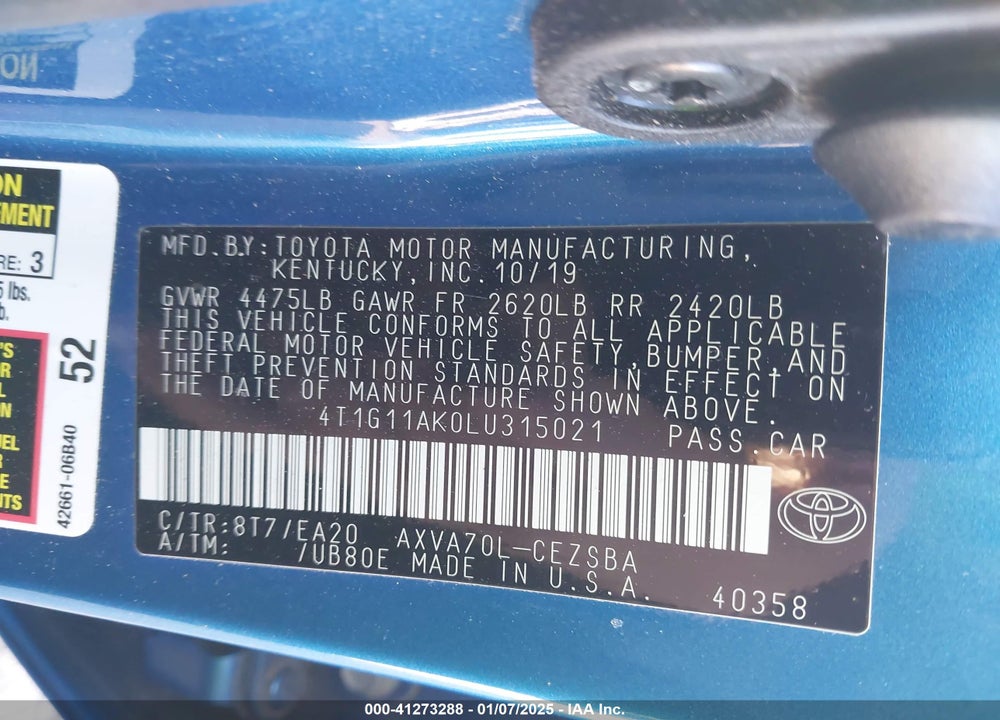 2020 TOYOTA CAMRY VIN: 4T1G11AK0LU315021
