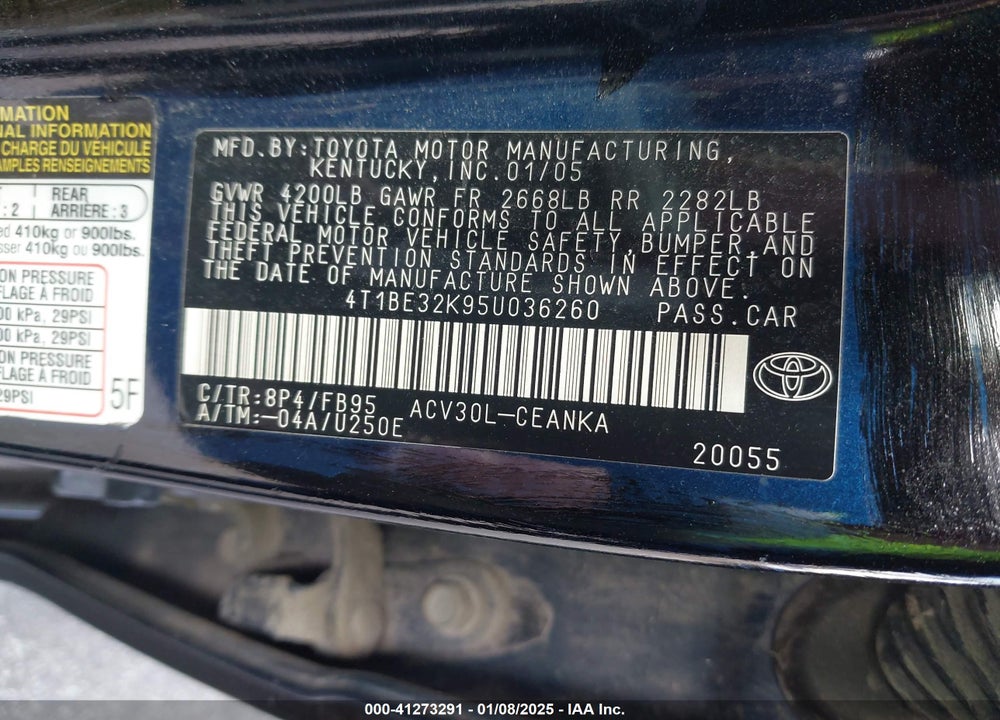 2005 TOYOTA CAMRY LE VIN: 4T1BE32K95U036260