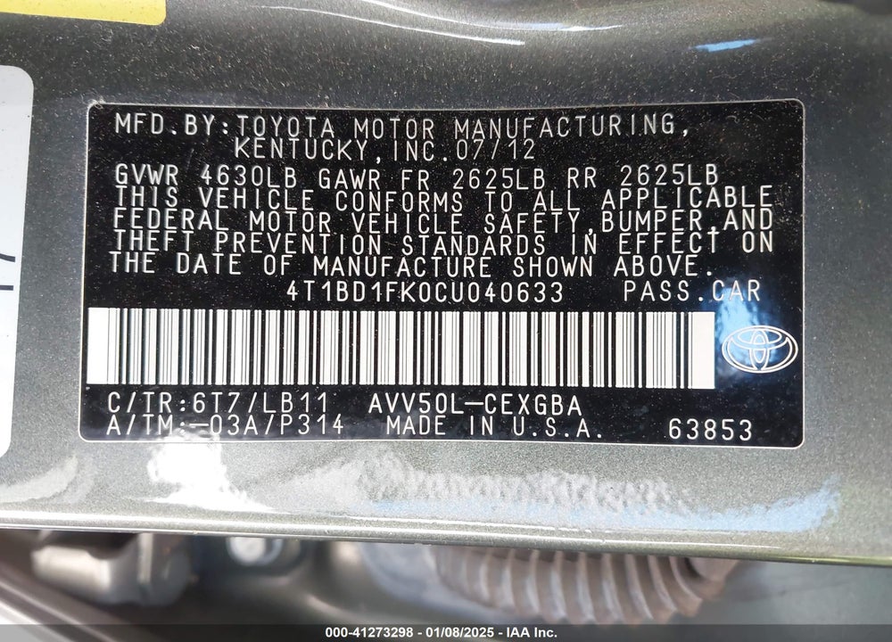 2012 TOYOTA CAMRY HYBRID VIN: 4T1BD1FK0CU040633
