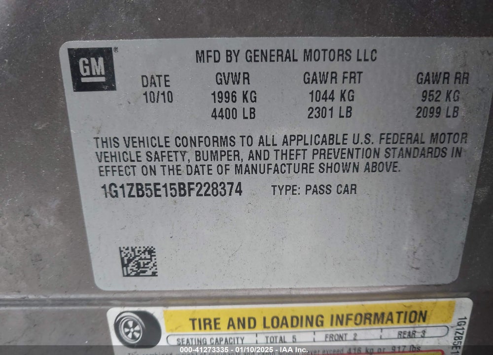 2011 CHEVROLET MALIBU VIN: 1G1ZB5E15BF228374