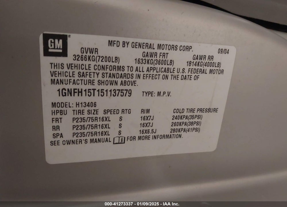 2005 CHEVROLET EXPRESS VIN: 1GNFH15T151137579