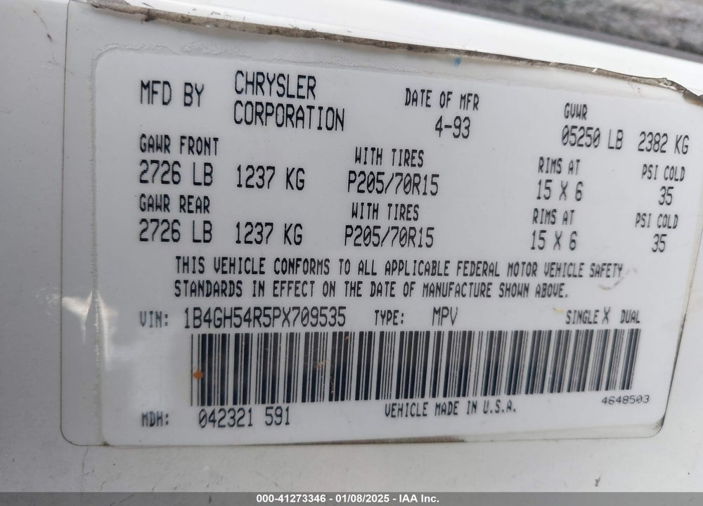 1993 DODGE GRAND CARAVAN LE/ES VIN: 1B4GH54R5PX709535