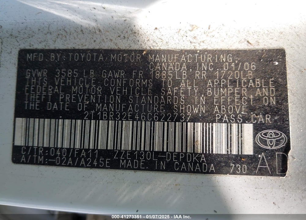 2006 TOYOTA COROLLA CE VIN: 2T1BR32E46C622737