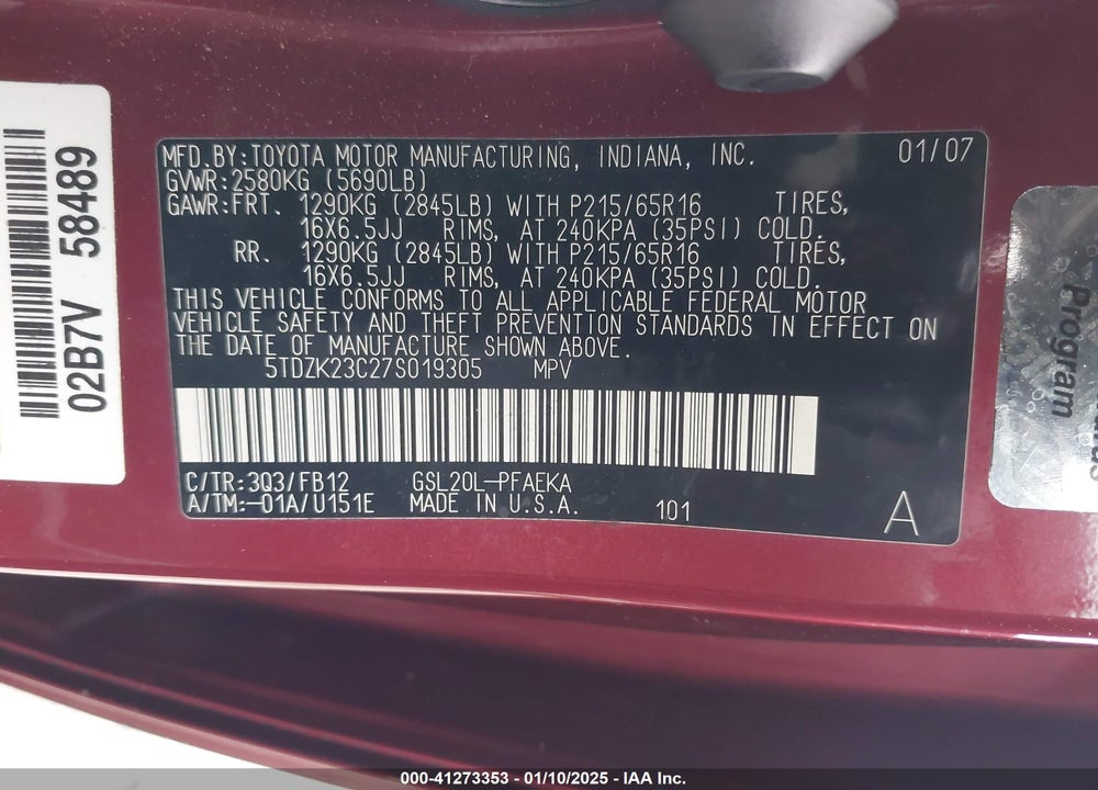 2007 TOYOTA SIENNA CE VIN: 5TDZK23C27S019305