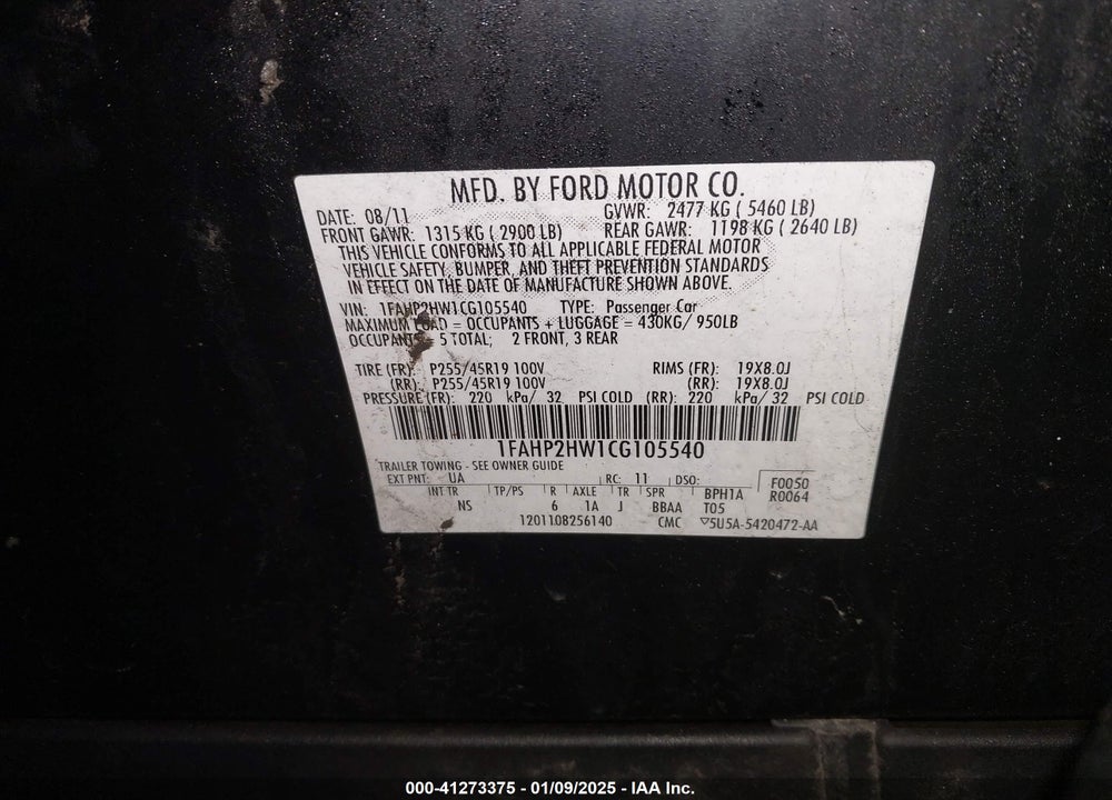 2012 FORD TAURUS SEL VIN: 1FAHP2HW1CG105540