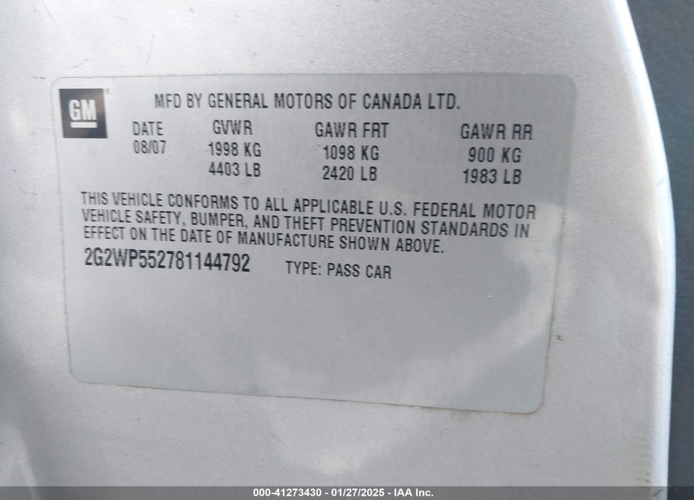 2008 PONTIAC GRAND PRIX VIN: 2G2WP552781144792
