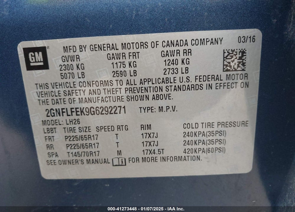 2016 CHEVROLET EQUINOX LT VIN: 2GNFLFEK9G6292271