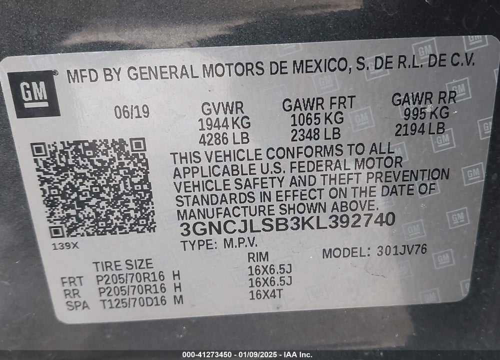 2019 CHEVROLET TRAX LT VIN: 3GNCJLSB3KL392740