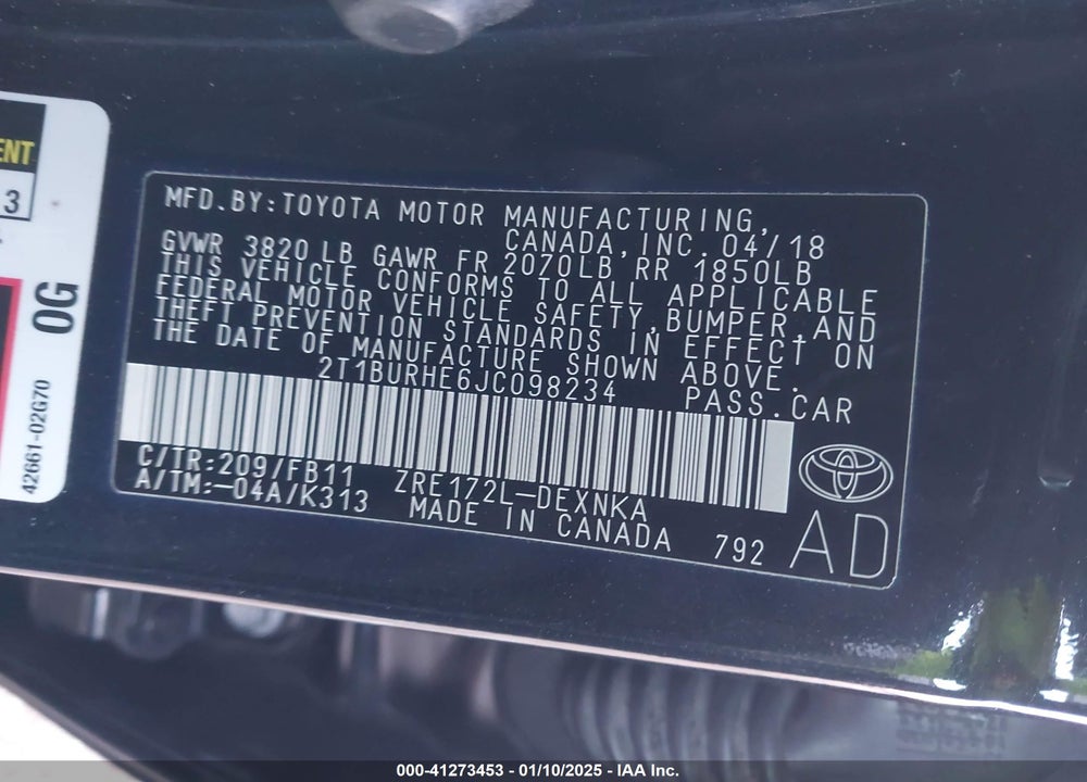 2018 TOYOTA COROLLA LE VIN: 2T1BURHE6JC098234