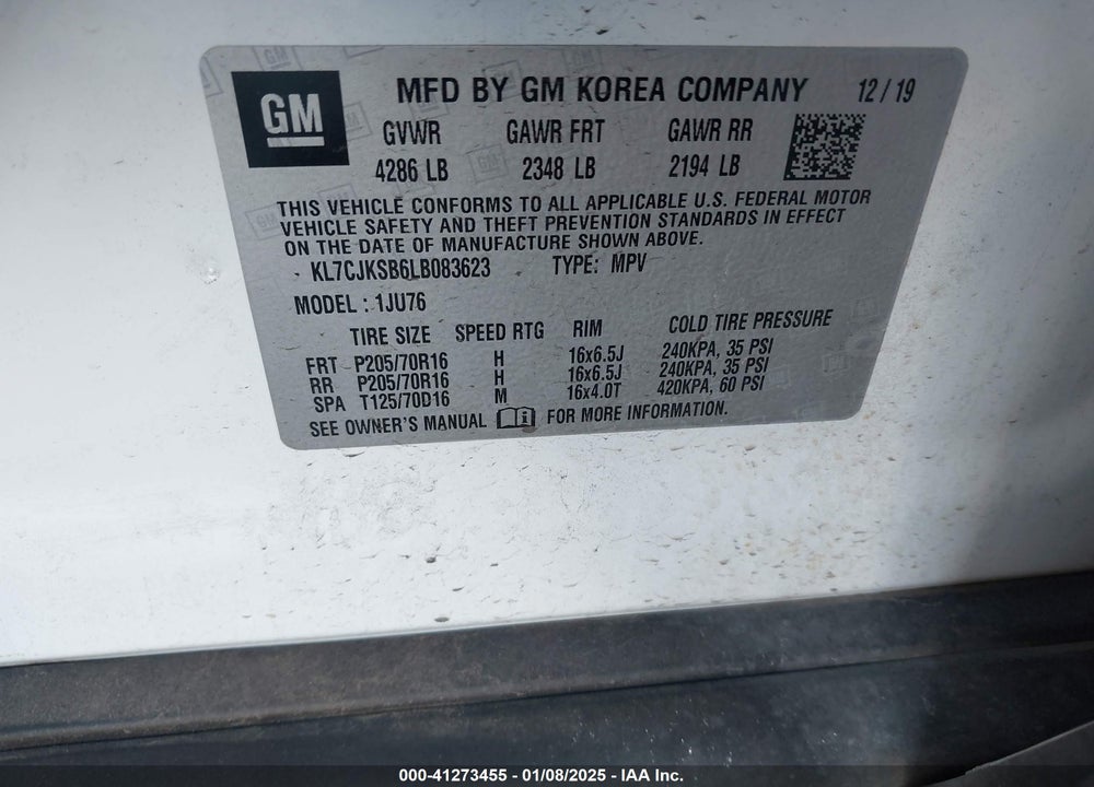 2020 CHEVROLET TRAX VIN: KL7CJKSB6LB083623