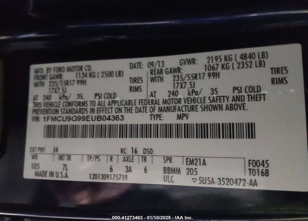 2014 FORD ESCAPE SE VIN: 1FMCU9G99EUB04363