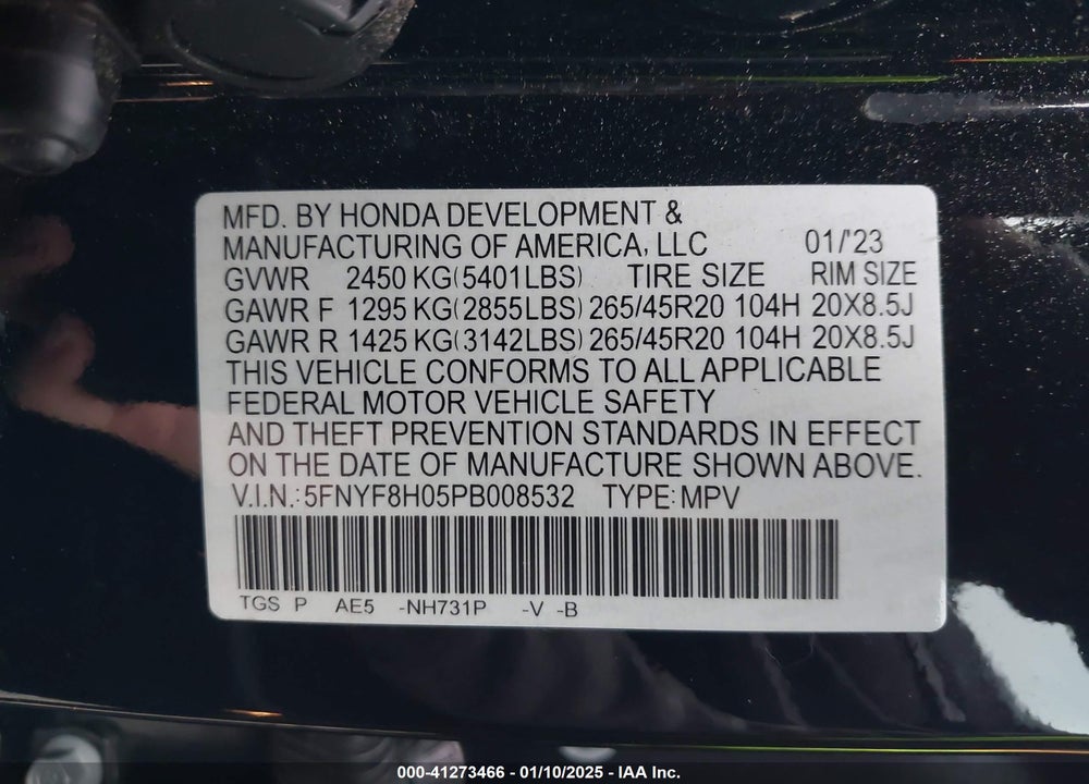 2023 HONDA PASSPORT AWD ELITE VIN: 5FNYF8H05PB008532