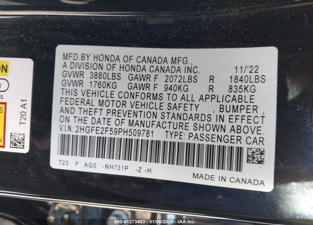 2023 HONDA CIVIC VIN: 2HGFE2F59PH509781